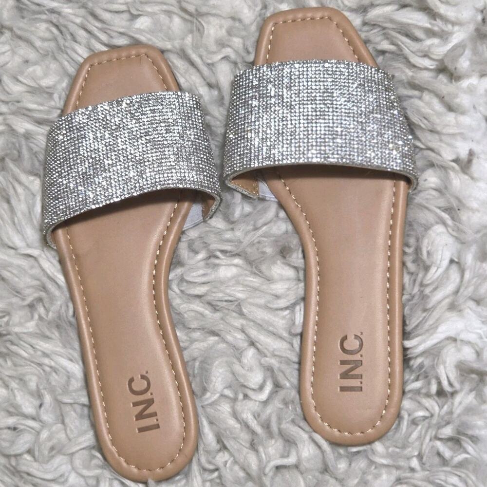 INC Womens Nataliah Embellished Square Toe Slide Sandals Silver 5.5